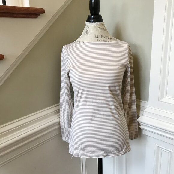 Ann Mashburn Long Sleeve Boatneck Tee T Shirt Top Womens Medium Tan Cream Stripe - Picture 9 of 9